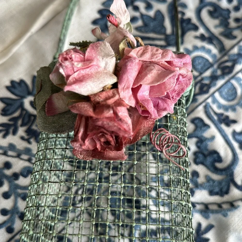 Lovely sage green wired basket w pink roses wrapped handle very Romantic piece